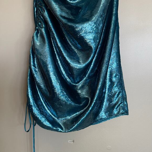 CINQ A SEPT Shiny Astrid Dress Teal Topaz Size 2 Metallic Bodycon Mini Sexy Chic - Picture 8 of 16